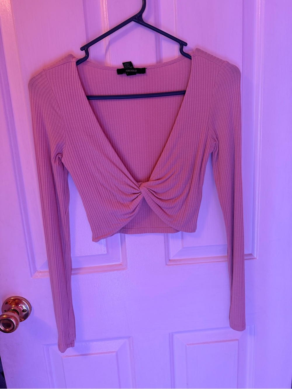 Forever 21 Pink Ribbed Twist-Front Long Sleeve Crop Top
